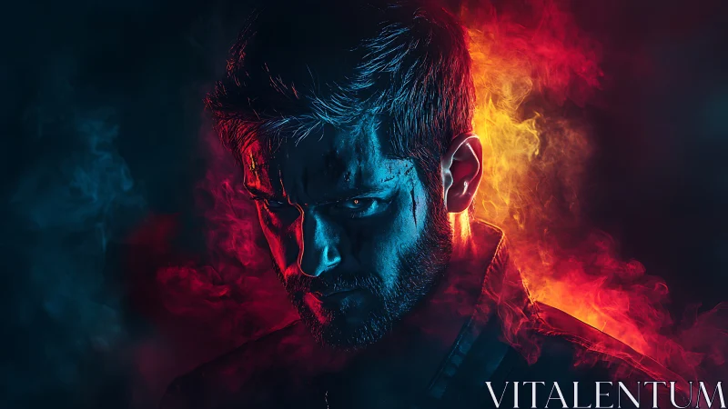 Chromatic split lighting on brooding male portrait in smoke.