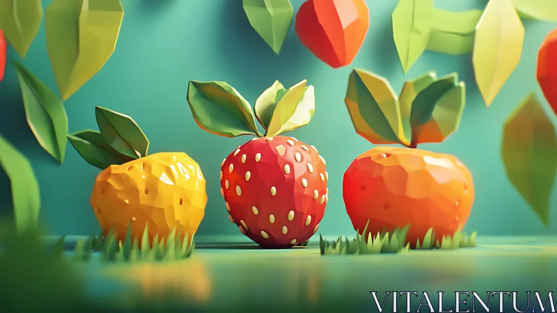 Playful polygon fruits glow in a bright, cheerful garden