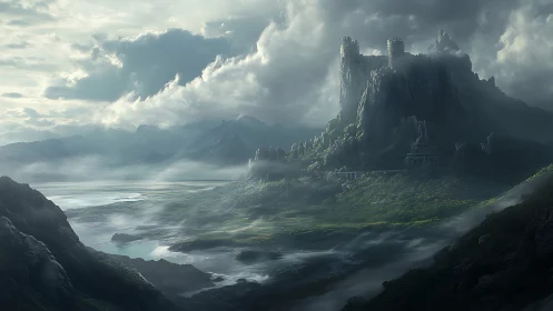 Epic digital painting of mist-laden fortress mountainscape.