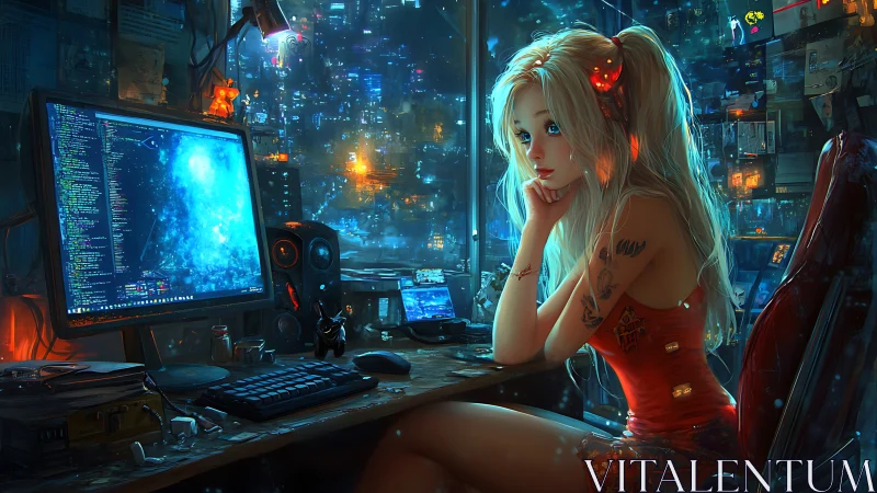 Cyberpunk hacker girl gazes at neon city from glowing desk