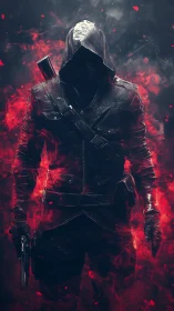 Hooded gunslinger rises from emberstorm shadows of war.