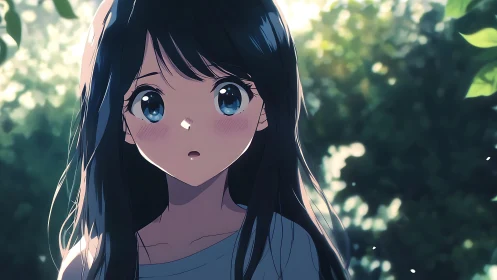 Soft sunlight illuminates a surprised anime girl outdoors.