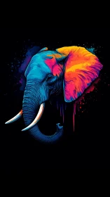 Neon elephant portrait in saturated duotone ink splatter style.