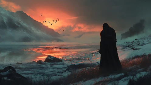 Winter-cloaked wanderer watches ember skies swallow dusk