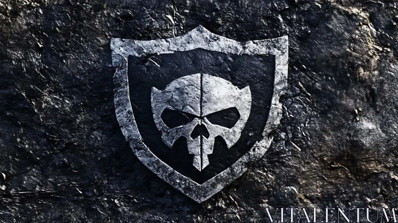 Textured skull emblem shield on distressed stone ground.
