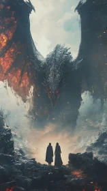 Two robed figures stand before large winged dragon entity