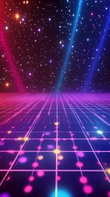 Neon grid horizon renders retrofuturistic starfield with volumetric beams