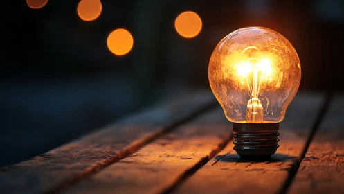 Illuminated light bulb on wooden surface at dusk outdoors.