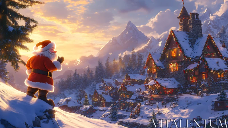 Santa figure overlooking snowy village at winter sunset.