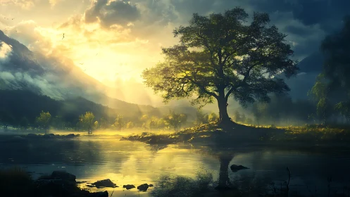 Solitary lakeside tree in cinematic backlit sunrise glow.