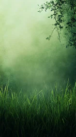 Morning meadow grass beneath soft misty green sky.