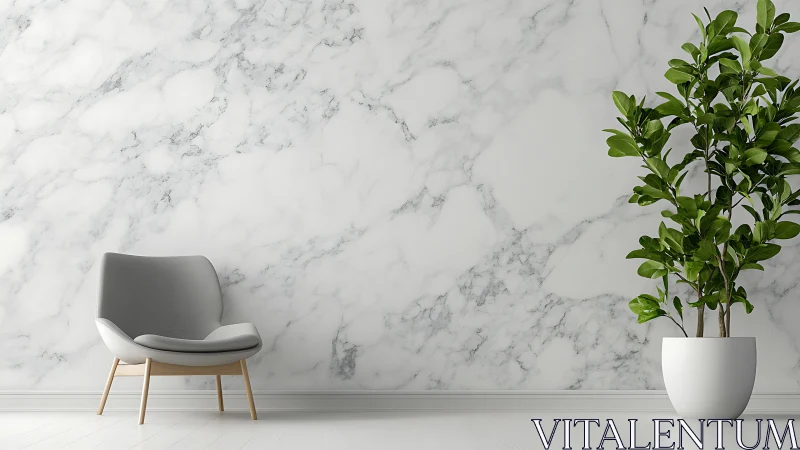 Soft gray lounge chair and plant against calm marble wall.