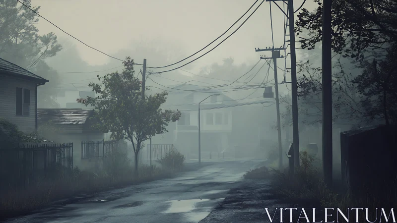 Foggy suburban street sinks into quiet, eerie stillness.