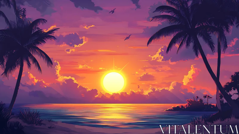 Vibrant tropical sunset illuminates tranquil palm-framed bay