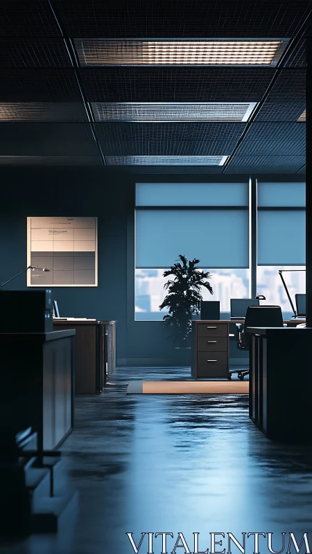 Sunlit corporate office corridor glows in quiet blue tones