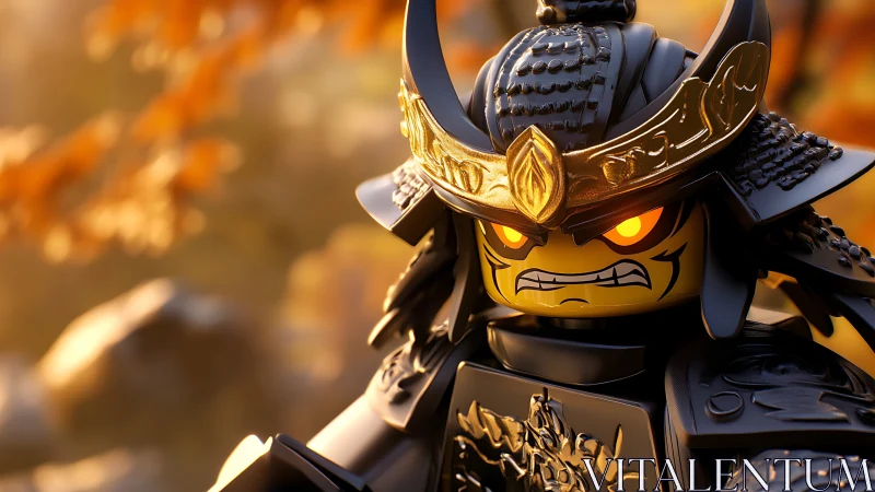 LEGO-style armored warrior minifigure is rendered in close-up view