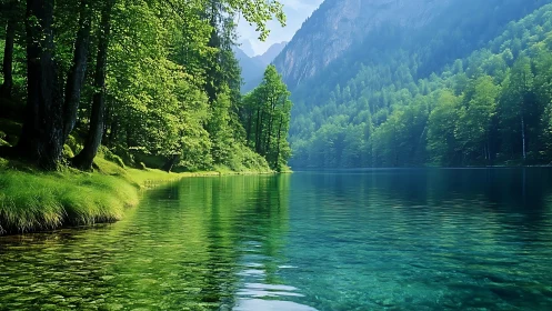Photorealistic alpine lake with verdant forest shoreline framing.