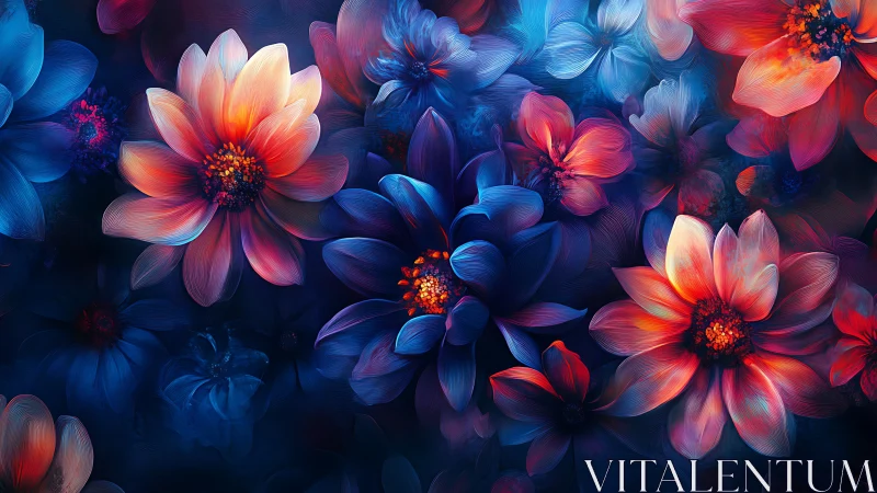 Luminous Flowers in Vibrant Blue and Coral Hues.