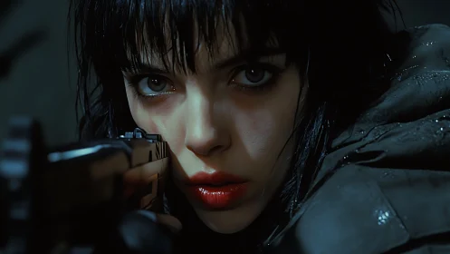 Intense cyber vigilante aiming rifle under wet shadows.