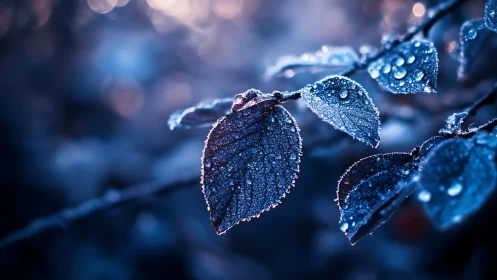 Macro dew-laden leaves rendered in cool bokeh lighting study