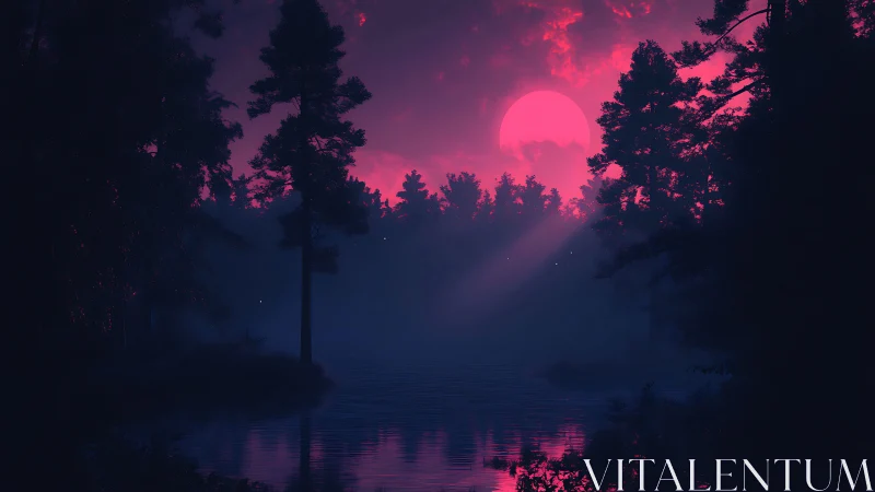 Pink sun over forest lake with silhouetted trees at dusk