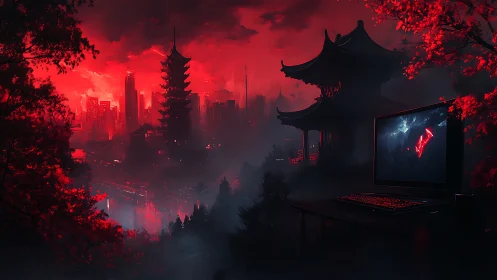 Cyberpunk pagoda skyline with gaming workstation, red fog