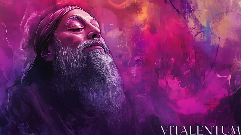 Elderly bearded man in meditative profile amid neon magenta haze