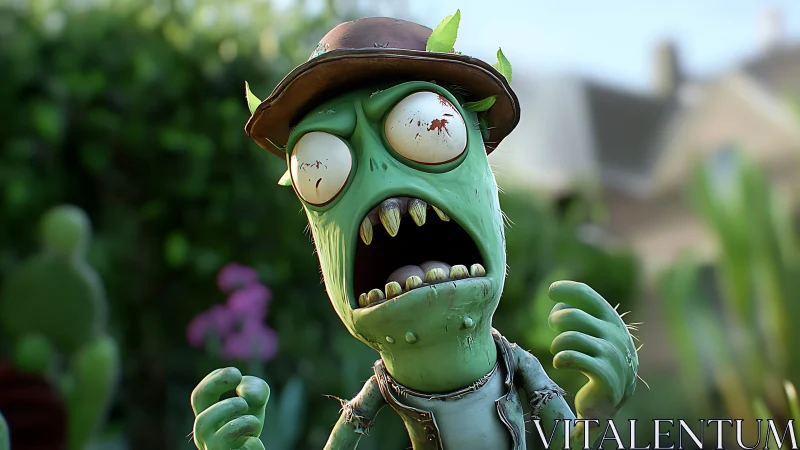 Cartoon zombie screams under bright garden daylight.