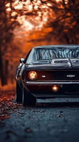 Autumn-lit muscle car prowling a fiery forest roadway.