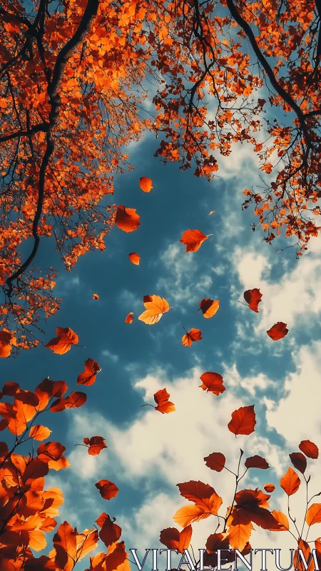 Golden autumn leaves drifting gently across blue sky.