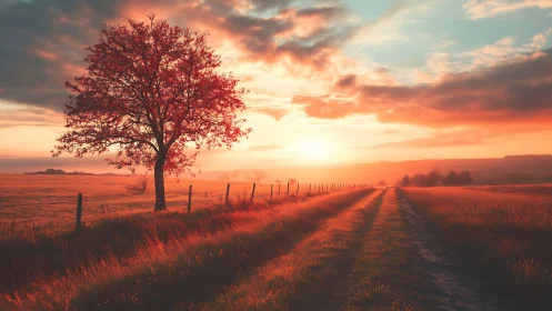 Lone country tree glows over sunlit dirt road at dusk.