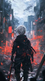 White haired soldier walks alone through ruined neon city