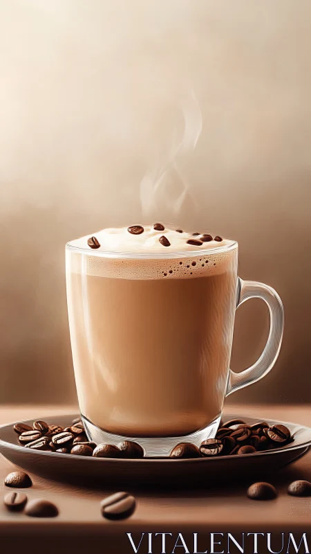 Glass mug of steaming latte with coffee beans on saucer