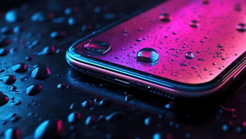 Smartphone surface with water droplets under neon light.