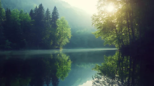Sunlit forest lake reflects misty treeline in soft diffusion