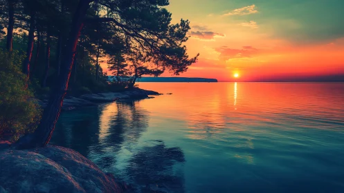 Sunset over tranquil lake framed by silhouetted pines.