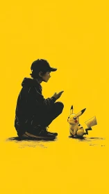 Boy crouches facing Pikachu on flat yellow minimalist background
