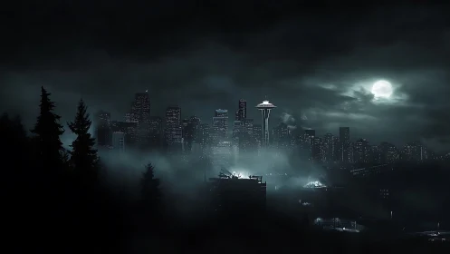 Fog-draped night city skyline glows beneath a full moon