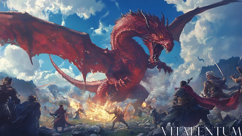 Red dragon facing armored warriors in open battlefield setting.