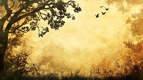 Silhouetted tree and flying birds frame textured yellow sky
