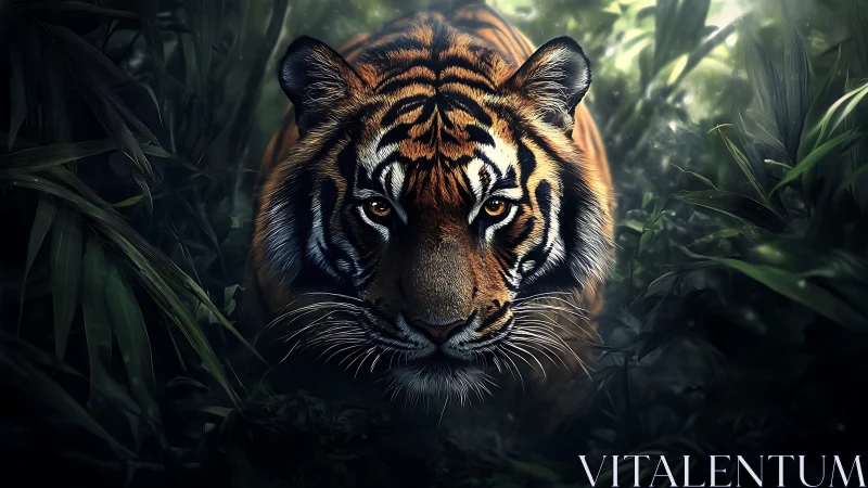 Tiger stalks through shadowed jungle, eyes burning bright.