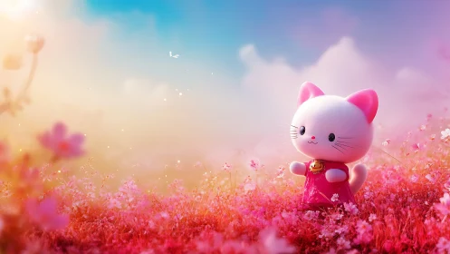 Pink cartoon cat figure in stylized flower meadow landscape.