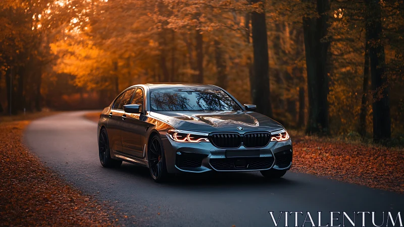 Sport sedan navigates autumn forest road with cinematic lighting