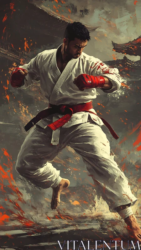 Flame-stride karate master leaping through painted embers.