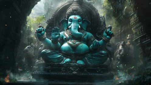 Monumental turquoise Ganesha idol in mist-laden stone sanctuary.
