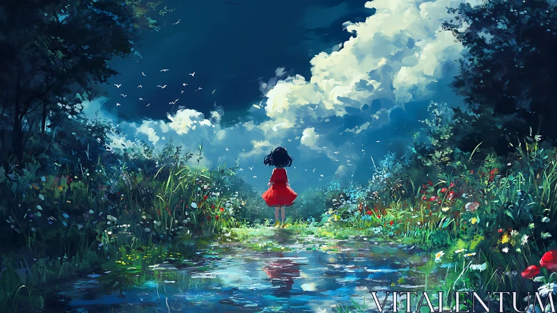 Girl in red dress crossing luminous forest water path.