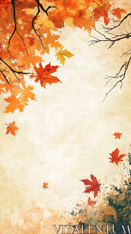 Vertical autumn maple leaves cascade across textured canvas field