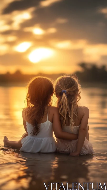 Sunlit sisters embracing beside a glowing lakeside sunset.