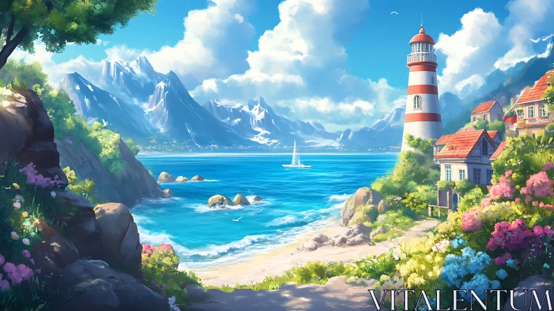 Coastal Lighthouse Village Nestled Between Mountains
