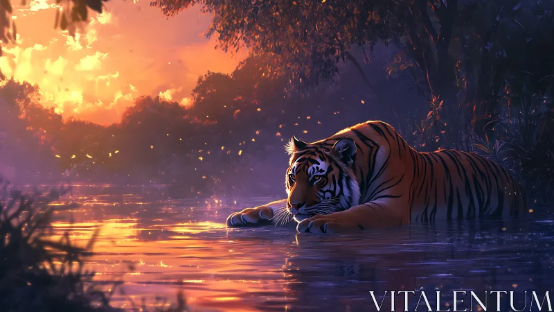 Digital painting of tiger in dusk-lit jungle river tableau.